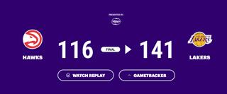 NBA常规赛-詹姆斯31分9板10助 湖人141-116大胜老鹰